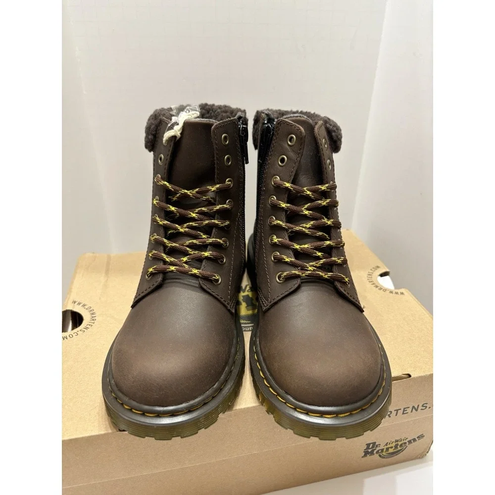 Dr Martens Kids Collar Faux Fur Brown Boots Size‎ 2 NIB